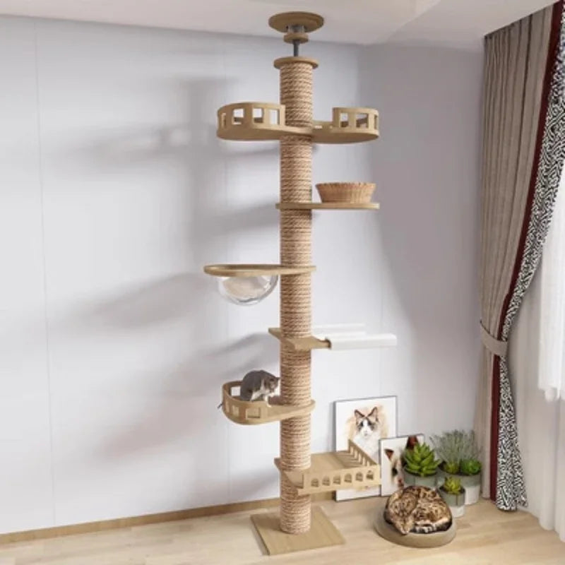 Arbre à Chat XXL Sol-Plafond Bois Naturel "SkyCat"