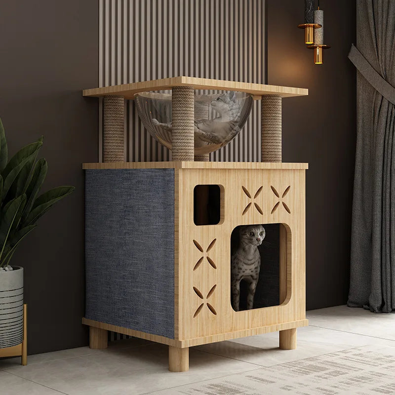 Arbre à Chat Design Bois avec Litière Intégrée