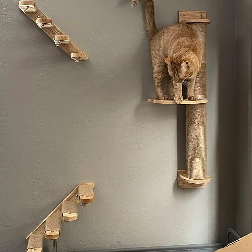 Arbre à Chat Mural Modulable en Bois Naturel