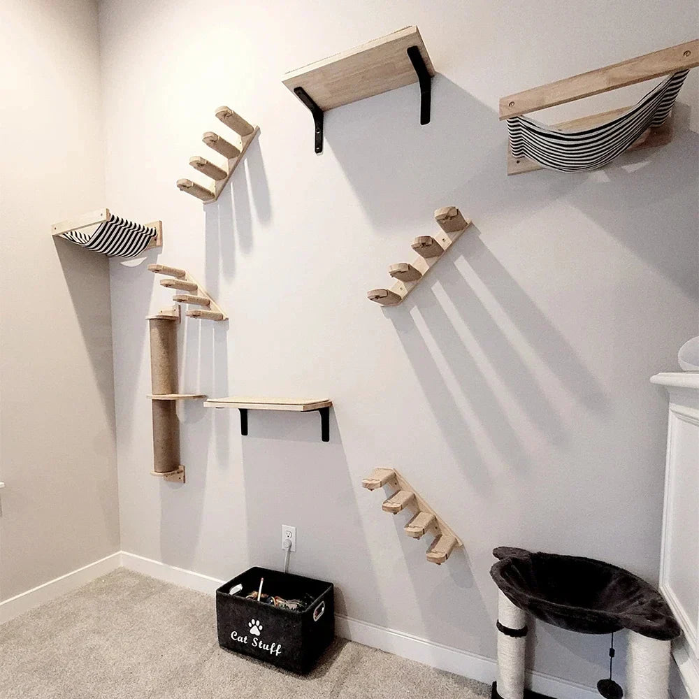 Arbre à Chat Mural Modulable en Bois Naturel