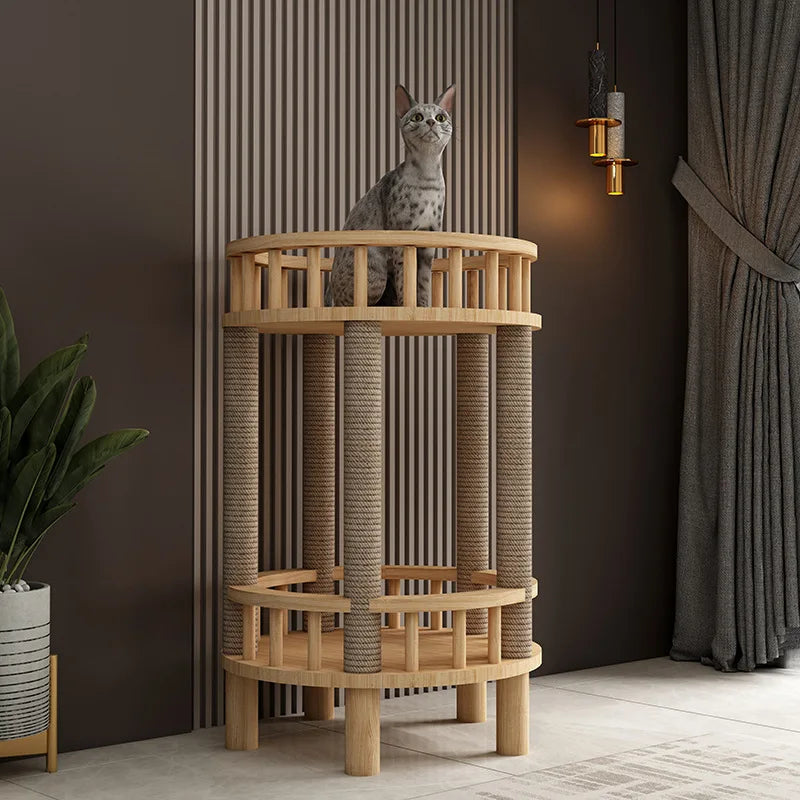 Arbre à Chat Design Rond Litière Intégrée Bois Naturel