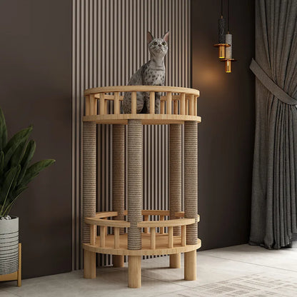 Arbre à Chat Design Rond Litière Intégrée Bois Naturel