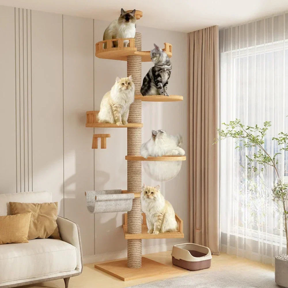 Arbre à Chat XXL Sol-Plafond Bois Naturel "SkyCat"