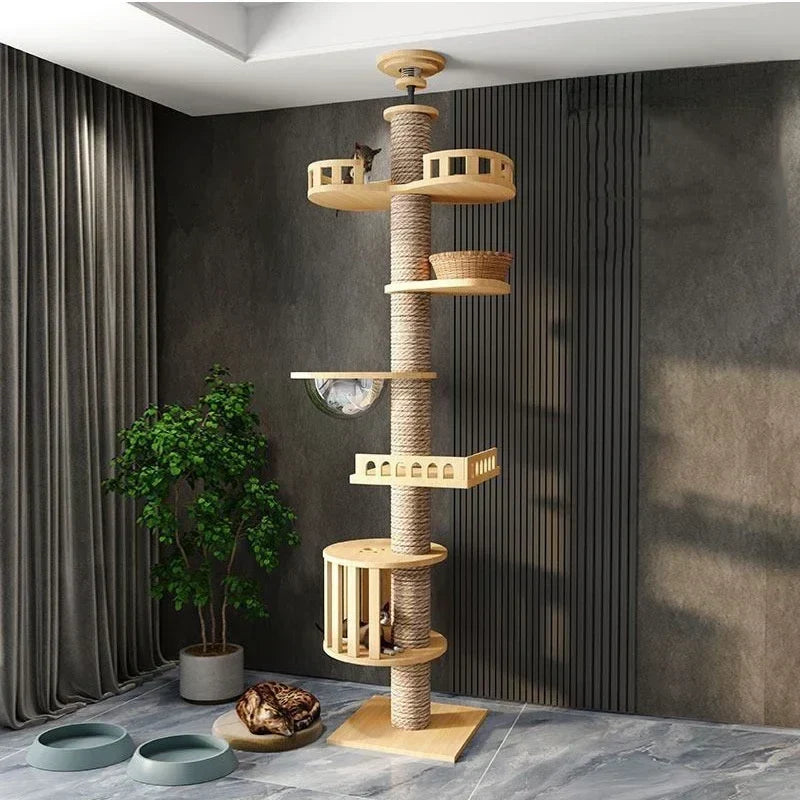 Arbre à Chat XXL Sol-Plafond Bois Naturel "SkyCat"