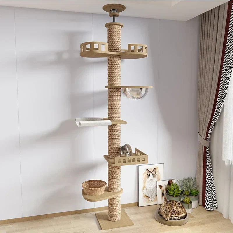 Arbre à Chat XXL Sol-Plafond Bois Naturel "SkyCat"