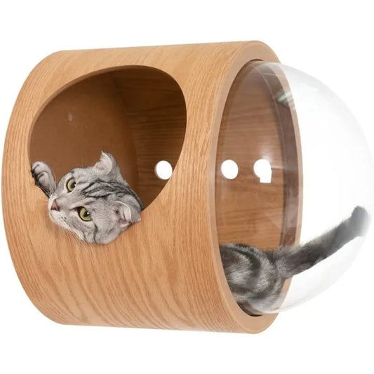 Capsule Spatiale Murale Chat - Vue Panoramique Bois & Transparent