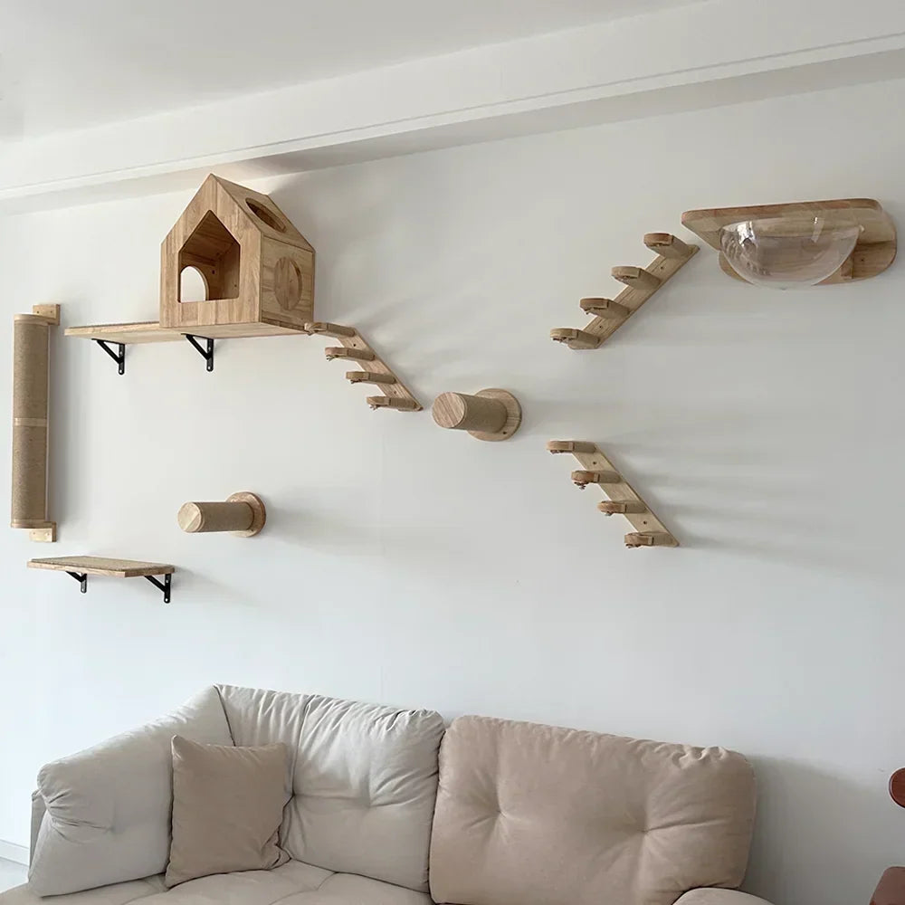 Arbre à Chat Mural Modulable en Bois Naturel