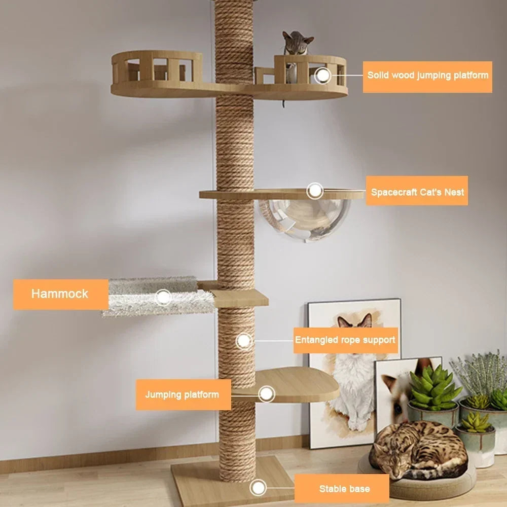 Arbre à Chat XXL Sol-Plafond Bois Naturel "SkyCat"