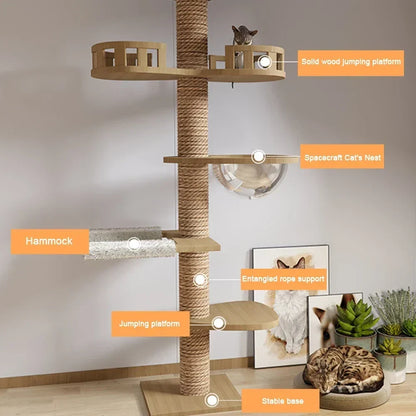 Arbre à Chat XXL Sol-Plafond Bois Naturel "SkyCat"