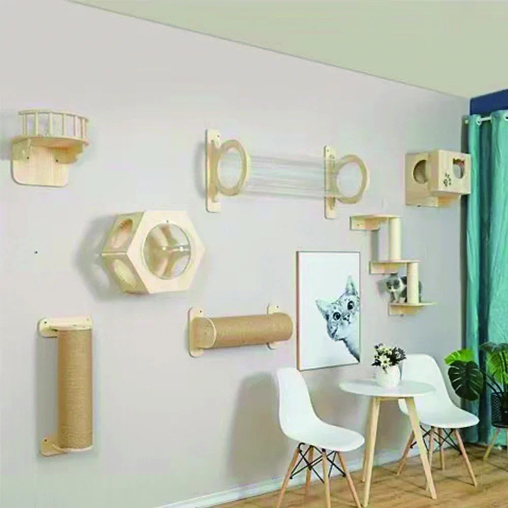 Arbre à Chat Mural en Bois avec Tube Transparent