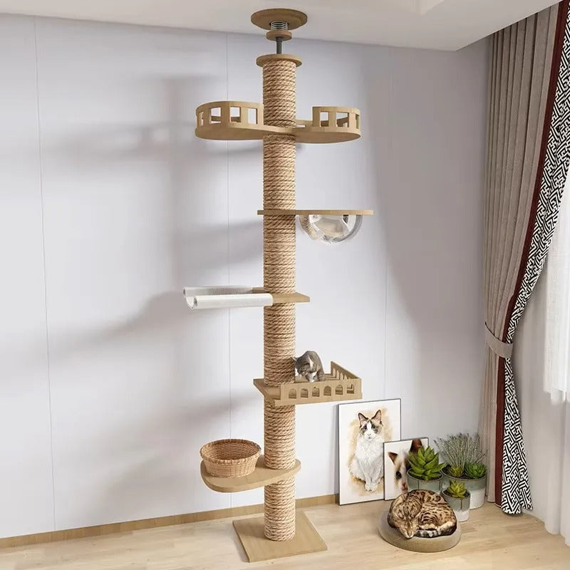 Arbre à Chat XXL Sol-Plafond Bois Naturel "SkyCat"